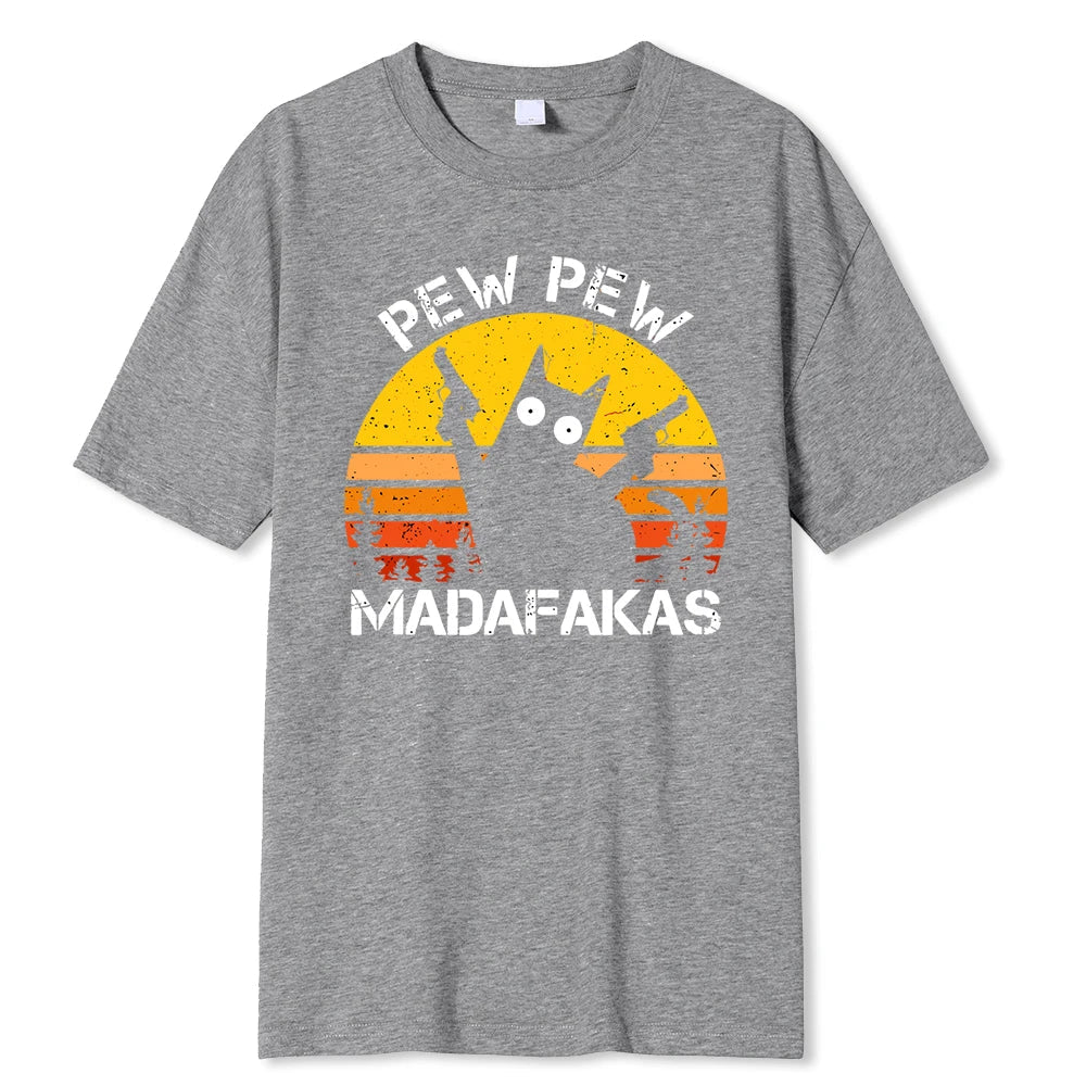 Pew Pew Madafakas Cat with Two Guns Printing Men T Shirts Summer Cotton T-Shirts Breathable Loose Clothes Hip Hop Street Tees WUNEED.store