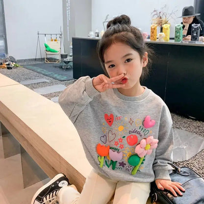 Girls' Hoodies Spring And Autumn Styles Children's Autumn Tops Casual And Versatile Three-dimensional Flowers