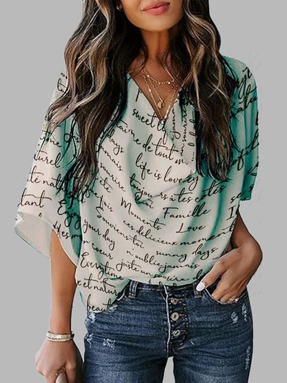 Fashion Women's Clothes Summer New Loose Short Sleeves Letter Print Shoulder Pad Heaps Collar T-Shirts Tops Casual Female