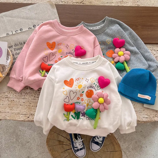 Girls' Hoodies Spring And Autumn Styles Children's Autumn Tops Casual And Versatile Three-dimensional Flowers