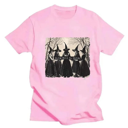 GIRLS WILL BE GIRLS Witch in the Forest Print Sport Crew Neck T-shirts Spring Summer Short Sleeve T-shirts Tops Loose Shirt