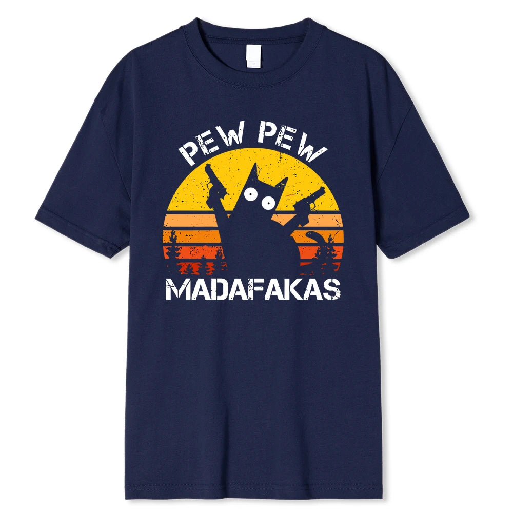 Pew Pew Madafakas Cat with Two Guns Printing Men T Shirts Summer Cotton T-Shirts Breathable Loose Clothes Hip Hop Street Tees WUNEED.store
