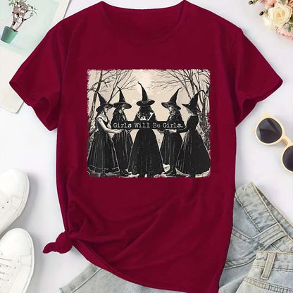 GIRLS WILL BE GIRLS Witch in the Forest Print Sport Crew Neck T-shirts Spring Summer Short Sleeve T-shirts Tops Loose Shirt