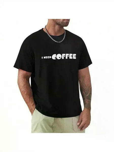 Mens 'I Need Coffee' T Shirt Short Sleeves T Shirt Casual T Shirts Novelty Shirt Graphic Tees, All-Season, Family T-shirt