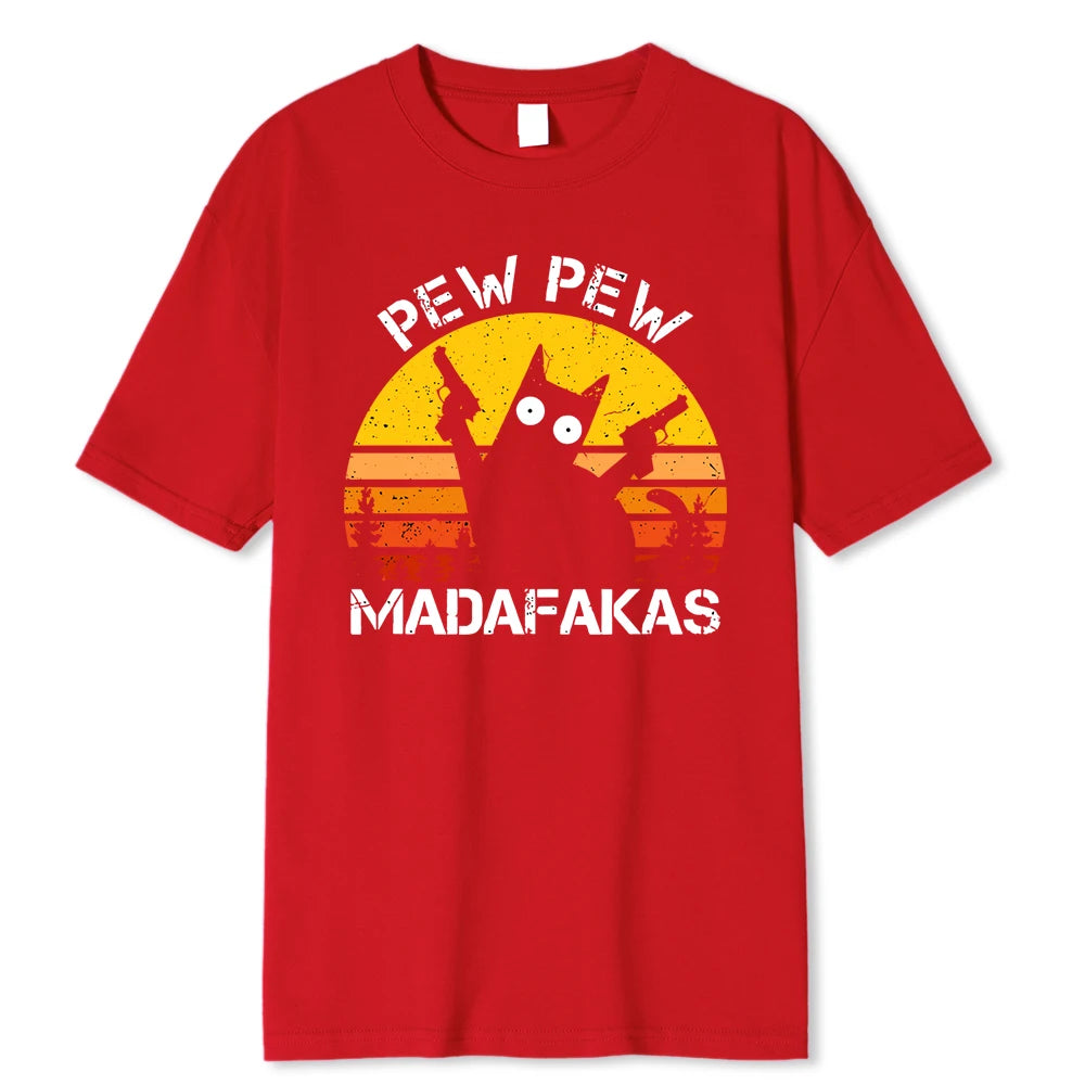 Pew Pew Madafakas Cat with Two Guns Printing Men T Shirts Summer Cotton T-Shirts Breathable Loose Clothes Hip Hop Street Tees WUNEED.store