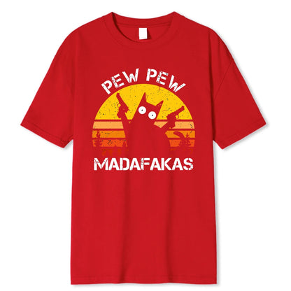 Pew Pew Madafakas Cat with Two Guns Printing Men T Shirts Summer Cotton T-Shirts Breathable Loose Clothes Hip Hop Street Tees WUNEED.store