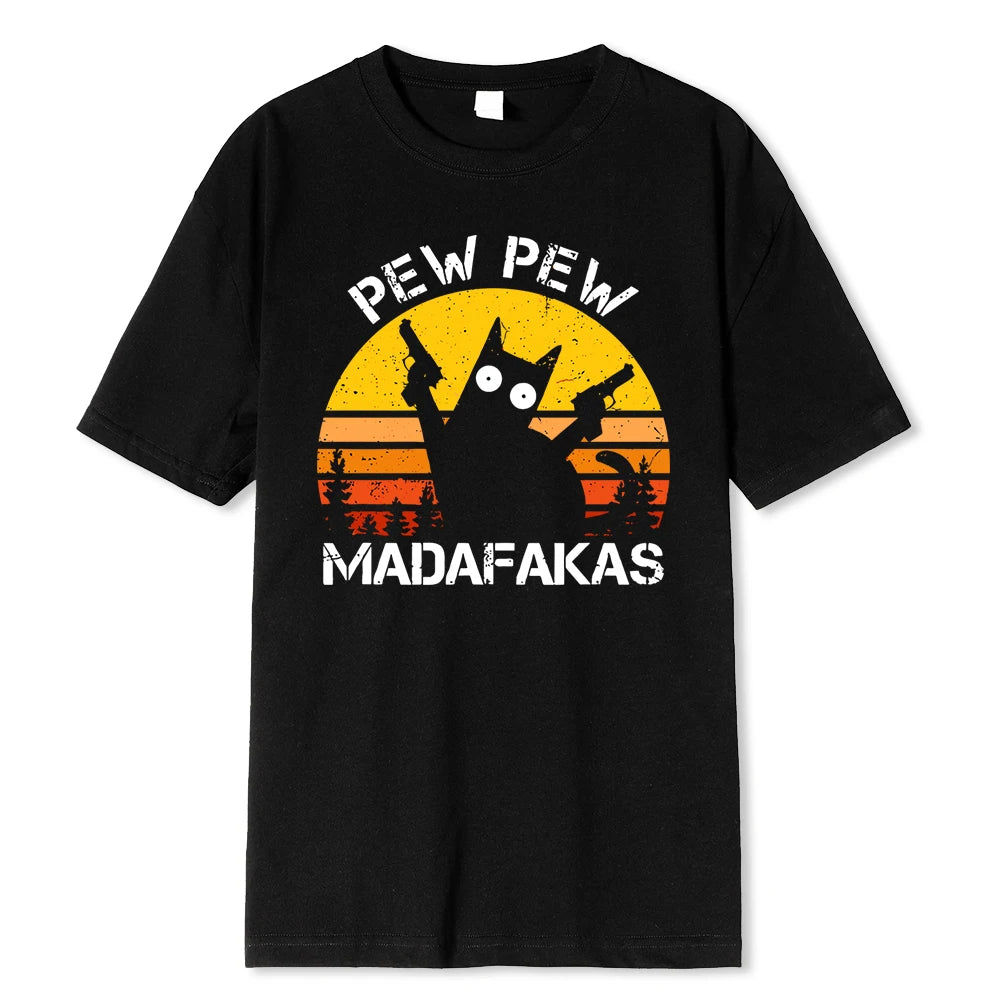 Pew Pew Madafakas Cat with Two Guns Printing Men T Shirts Summer Cotton T-Shirts Breathable Loose Clothes Hip Hop Street Tees WUNEED.store