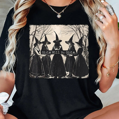 GIRLS WILL BE GIRLS Witch in the Forest Print Sport Crew Neck T-shirts Spring Summer Short Sleeve T-shirts Tops Loose Shirt