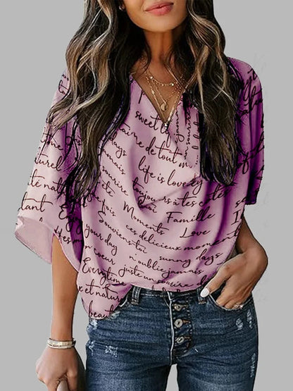 Fashion Women's Clothes Summer New Loose Short Sleeves Letter Print Shoulder Pad Heaps Collar T-Shirts Tops Casual Female
