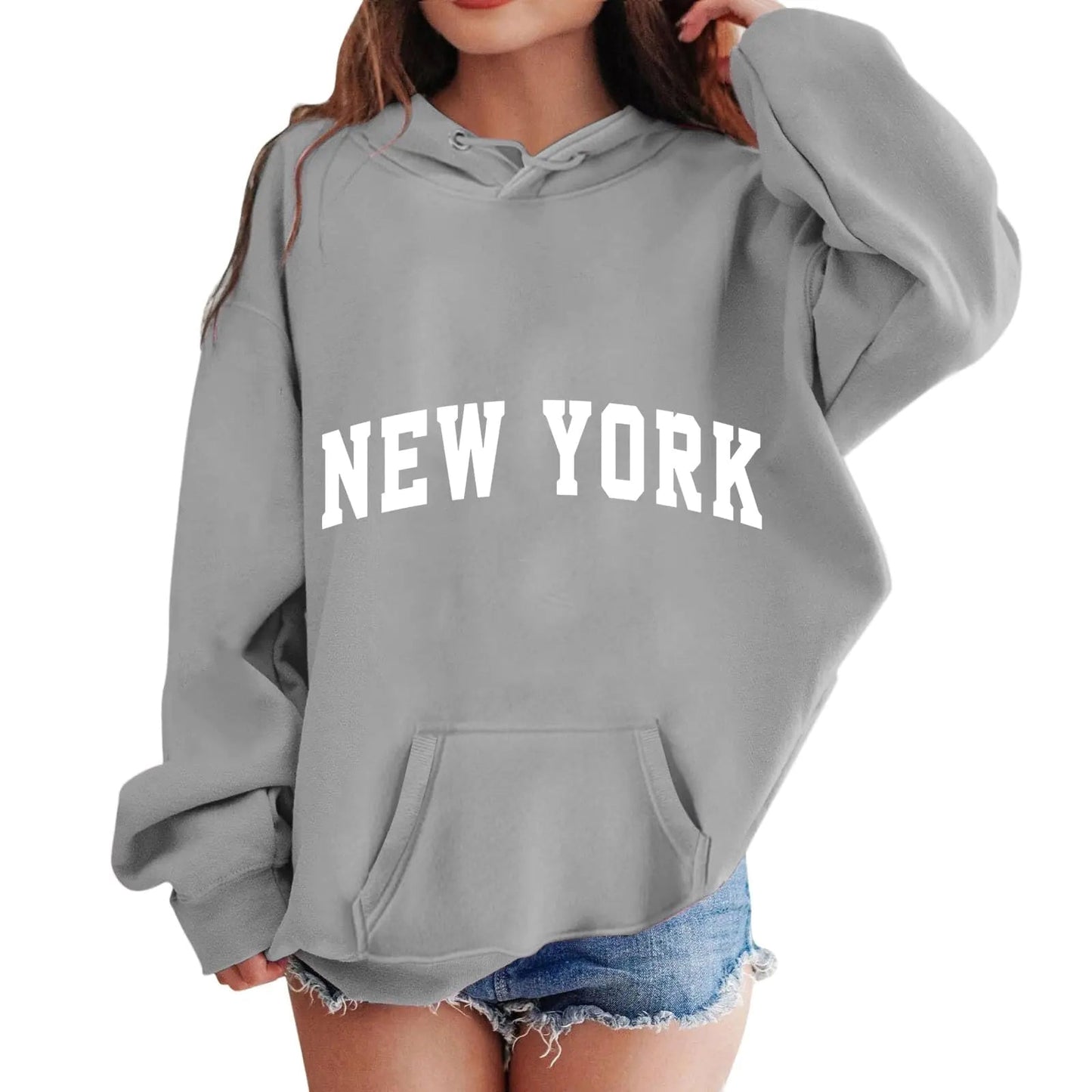 Generic Girls Sweatshirts Size 8-10 New York Hoodies For Girls Letter Print Graphic Sweatshirt Hooded Long Sleeve Casual Loose Pullover Tops For 4-14 Years a03-Grey 4-5Years